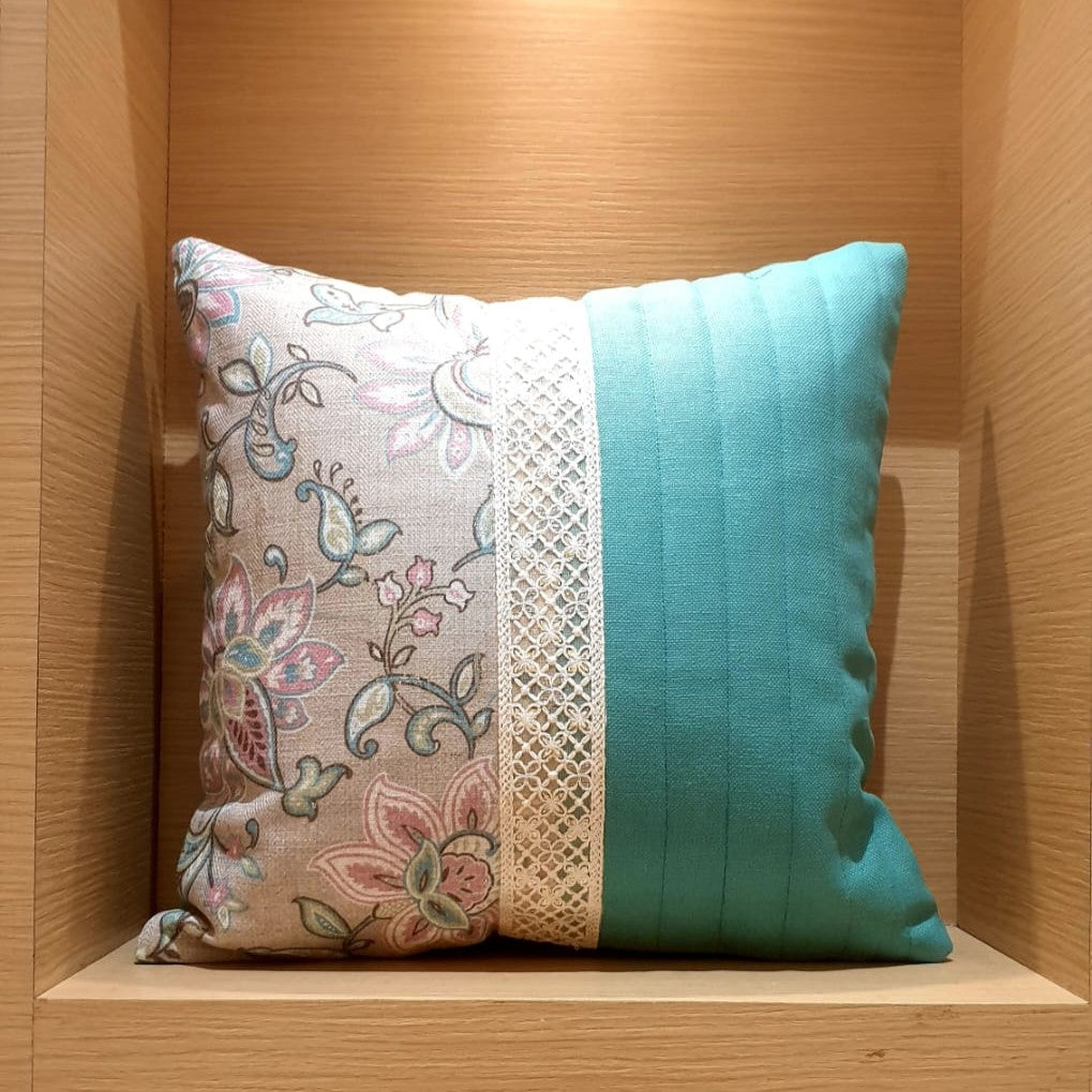 Teal and Floral Panel Cushion Cover - 16x16 Inches (CD)