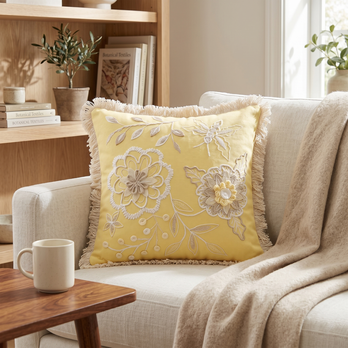 Yellow Embroidered Floral Cushion Cover - 16x16 Inches (CD)