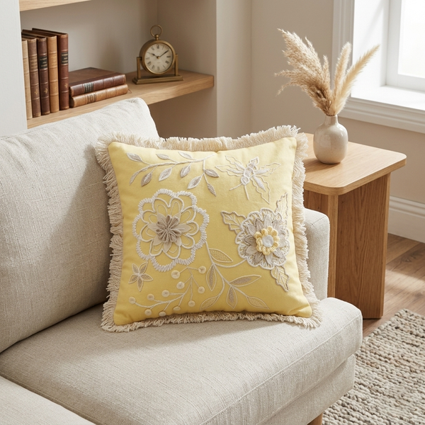 Yellow Embroidered Floral Cushion Cover - 16x16 Inches (CD)
