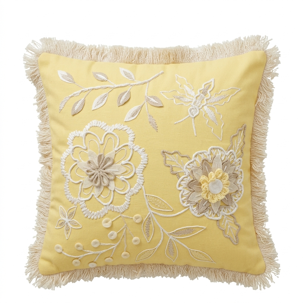 Yellow Embroidered Floral Cushion Cover - 16x16 Inches (CD)
