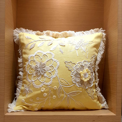 Yellow Embroidered Floral Cushion Cover - 16x16 Inches (CD)