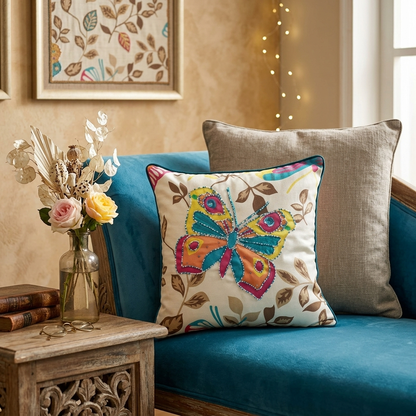 Vibrant Butterfly Applique Cushion Cover - 12x12 Inches (CD)