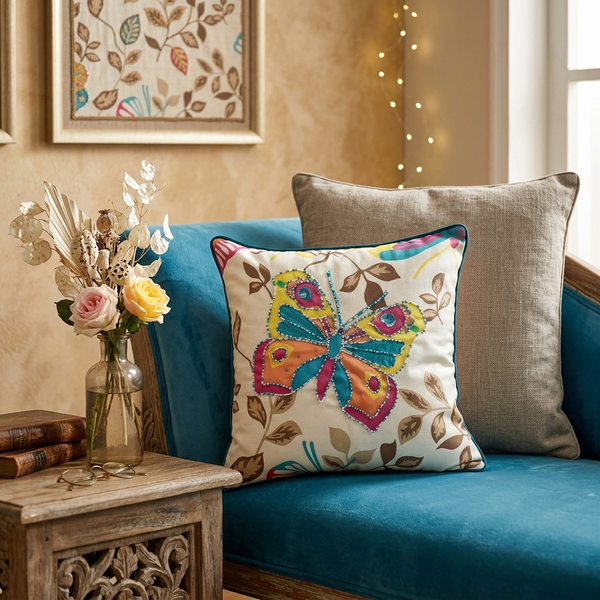 Vibrant Butterfly Applique Cushion Cover - 12x12 Inches (CD)