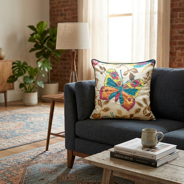 Vibrant Butterfly Applique Cushion Cover - 12x12 Inches (CD)