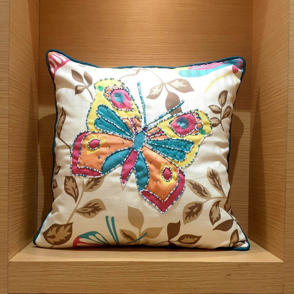 Vibrant Butterfly Applique Cushion Cover - 12x12 Inches (CD)