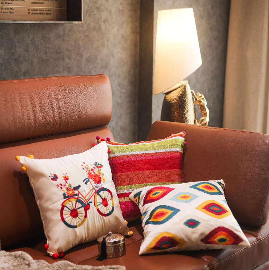 Embroidered Bicycle Cushion Cover - 12x12 Inches (CD)