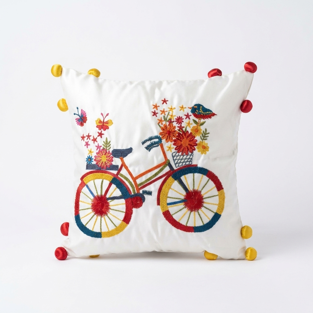 Embroidered Bicycle Cushion Cover - 12x12 Inches (CD)