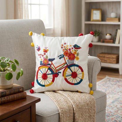 Embroidered Bicycle Cushion Cover - 12x12 Inches (CD)