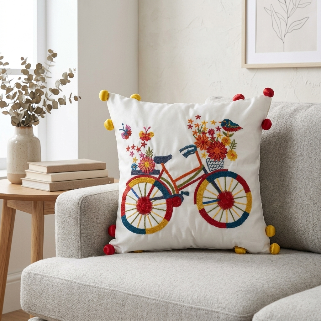 Embroidered Bicycle Cushion Cover - 12x12 Inches (CD)