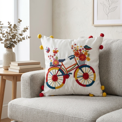 Embroidered Bicycle Cushion Cover - 12x12 Inches (CD)