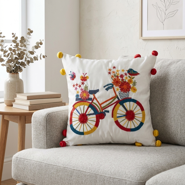 Embroidered Bicycle Cushion Cover - 12x12 Inches (CD)