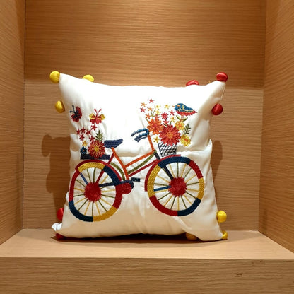 Embroidered Bicycle Cushion Cover - 12x12 Inches (CD)