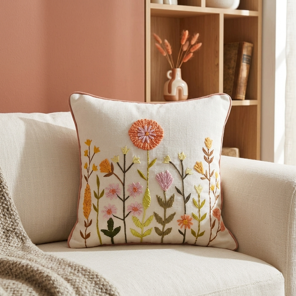 Embroidered Meadow Flowers Cushion Cover - 12x12 Inches (CD)