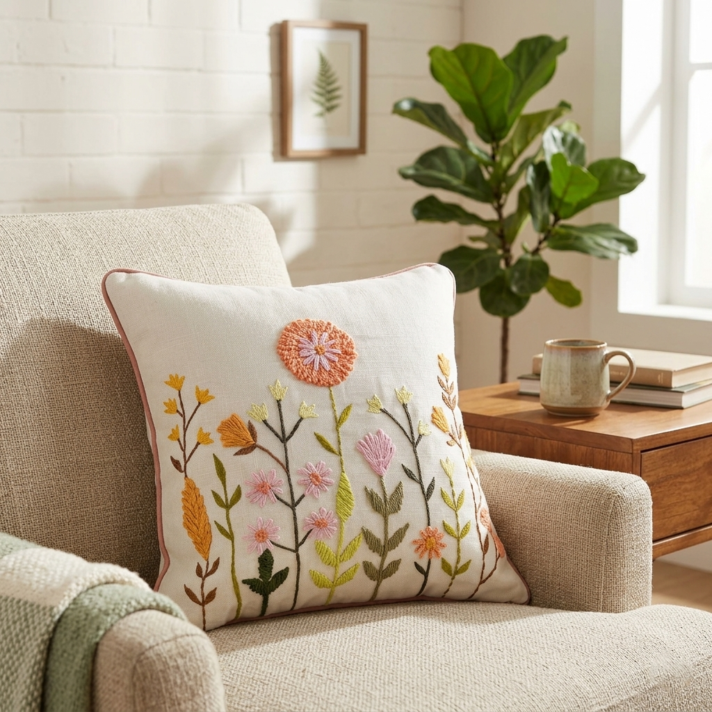 Embroidered Meadow Flowers Cushion Cover - 12x12 Inches (CD)