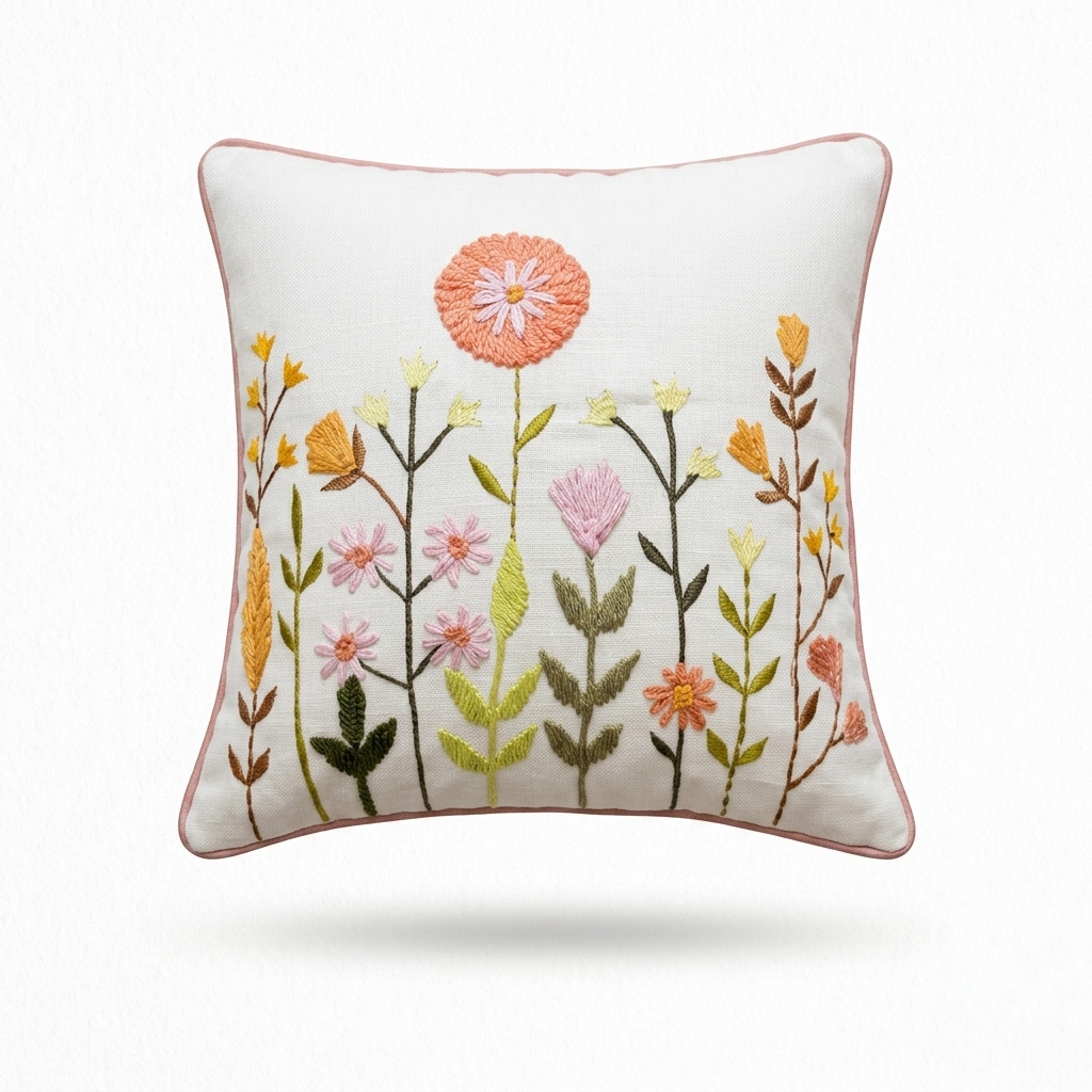 Embroidered Meadow Flowers Cushion Cover - 12x12 Inches (CD)