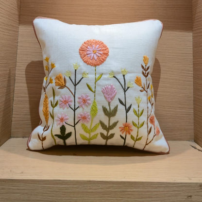 Embroidered Meadow Flowers Cushion Cover - 12x12 Inches (CD)