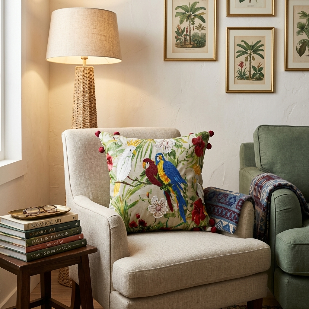 Tropical Parrot & Floral Cushion Cover - 12x12 Inches (CD)