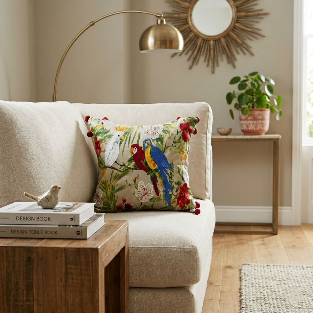 Tropical Parrot & Floral Cushion Cover - 12x12 Inches (CD)