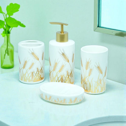 Golden Fields Ceramic Bathroom Accessory Set - 1 Soap Dispenser + Toothbrush Holder + 1 Tumblers + 1 Soap Dish (W)