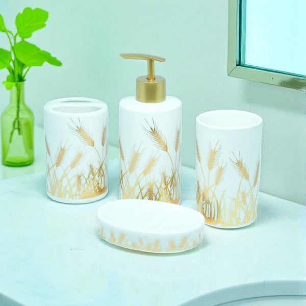 Golden Fields Ceramic Bathroom Accessory Set - 1 Soap Dispenser + Toothbrush Holder + 1 Tumblers + 1 Soap Dish (W)