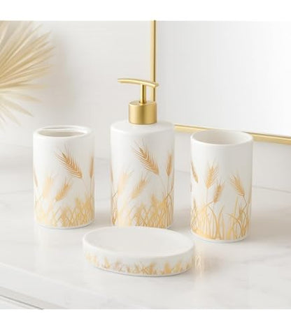 Golden Fields Ceramic Bathroom Accessory Set - 1 Soap Dispenser + Toothbrush Holder + 1 Tumblers + 1 Soap Dish (W)