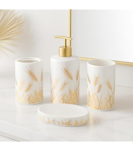 Golden Fields Ceramic Bathroom Accessory Set - 1 Soap Dispenser + Toothbrush Holder + 1 Tumblers + 1 Soap Dish (W)