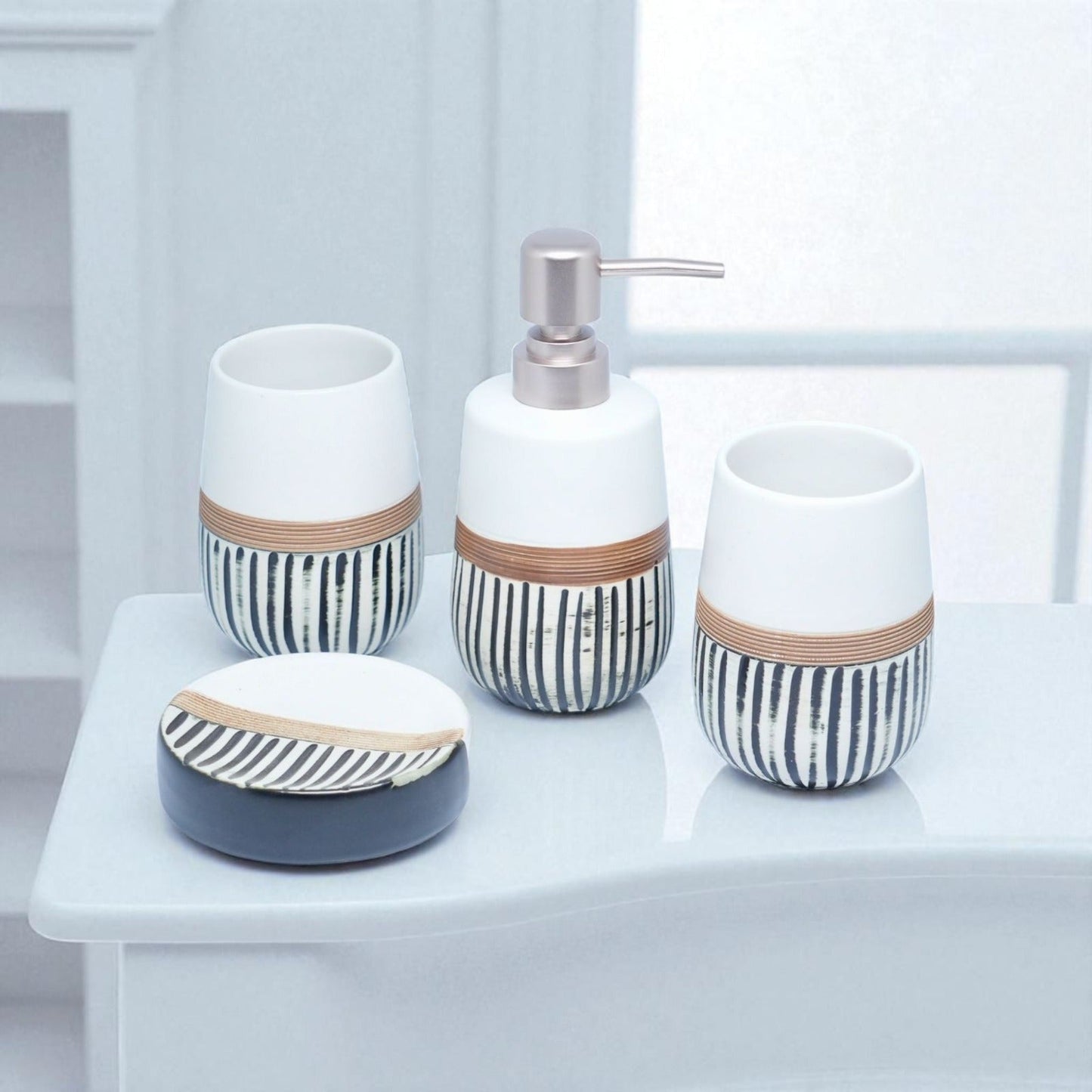 Boutique Stripe Vanity Bathroom Accessory Set - 1 Soap Dispenser + Toothbrush Holder + 1 Tumblers + 1 Soap Dish (W)