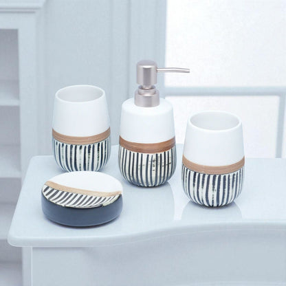 Boutique Stripe Vanity Bathroom Accessory Set - 1 Soap Dispenser + Toothbrush Holder + 1 Tumblers + 1 Soap Dish (W)