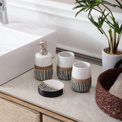 Boutique Stripe Vanity Bathroom Accessory Set - 1 Soap Dispenser + Toothbrush Holder + 1 Tumblers + 1 Soap Dish (W)