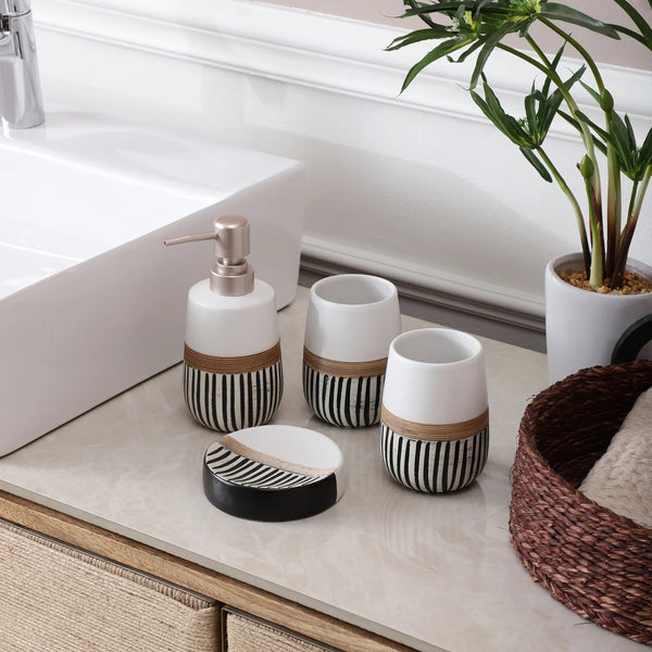 Boutique Stripe Vanity Bathroom Accessory Set - 1 Soap Dispenser + Toothbrush Holder + 1 Tumblers + 1 Soap Dish (W)