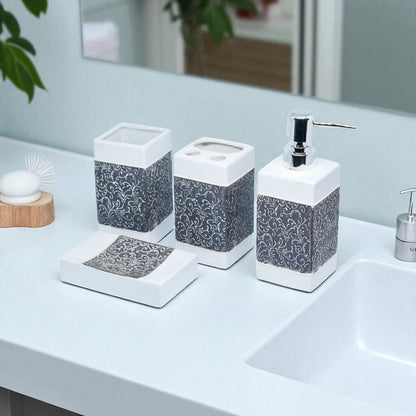 Vintage Classic Floral Bathroom Accessory Set - 1 Soap Dispenser + Toothbrush Holder + 1 Tumblers + 1 Soap Dish (W)