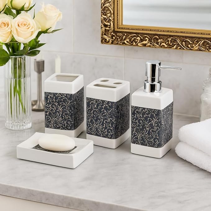 Vintage Classic Floral Bathroom Accessories Set - 1 Soap Dispenser + Toothbrush Holder + 1 Tumblers + 1 Soap Dish (W) Urban Nivasa