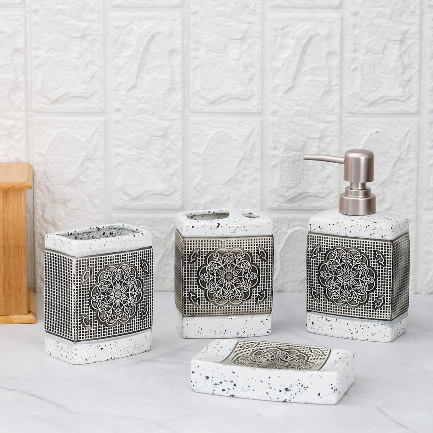 Mandala Mist Ceramic Bathroom Accessory Set - 1 Soap Dispenser + Toothbrush Holder + 1 Tumblers + 1 Soap Dish (W)