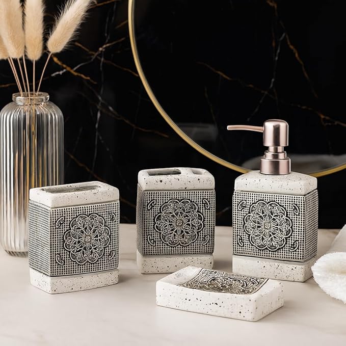 Mandala Mist Ceramic Bathroom Accessory Set - 1 Soap Dispenser + Toothbrush Holder + 1 Tumblers + 1 Soap Dish (W)
