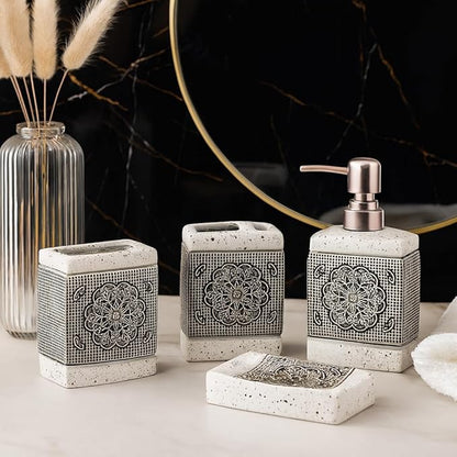 Mandala Mist Ceramic Bathroom Accessory Set - 1 Soap Dispenser + Toothbrush Holder + 1 Tumblers + 1 Soap Dish (W)