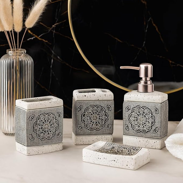Mandala Mist Ceramic Bathroom Accessory Set - 1 Soap Dispenser + Toothbrush Holder + 1 Tumblers + 1 Soap Dish (W)