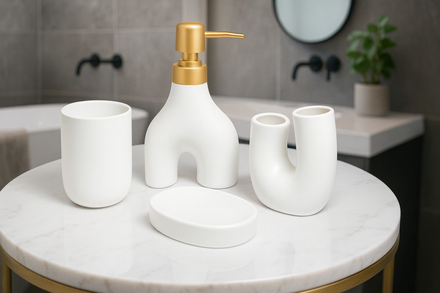 Kanso Curve Bathroom Accessories Set - 1 Soap Dispenser + Toothbrush Holder + 1 Tumblers + 1 Soap Dish (W) Urban Nivasa