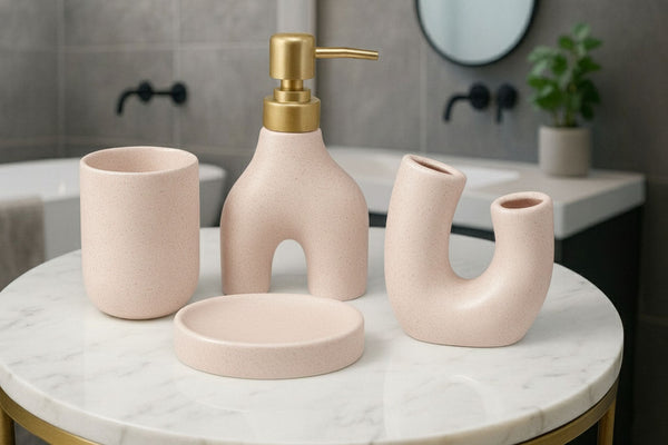 Kanso Curve Bathroom Accessory Set - 1 Soap Dispenser + Toothbrush Holder + 1 Tumblers + 1 Soap Dish (W)