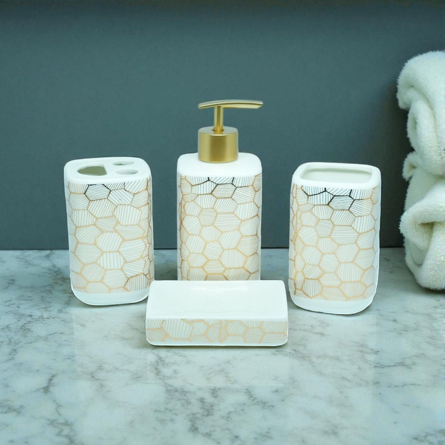 Geometric Honeycomb Bathroom Accessory Set - 1 Soap Dispenser + Toothbrush Holder + 1 Tumblers + 1 Soap Dish (W)