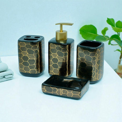 Geometric Honeycomb Bathroom Accessory Set - 1 Soap Dispenser + Toothbrush Holder + 1 Tumblers + 1 Soap Dish (W)