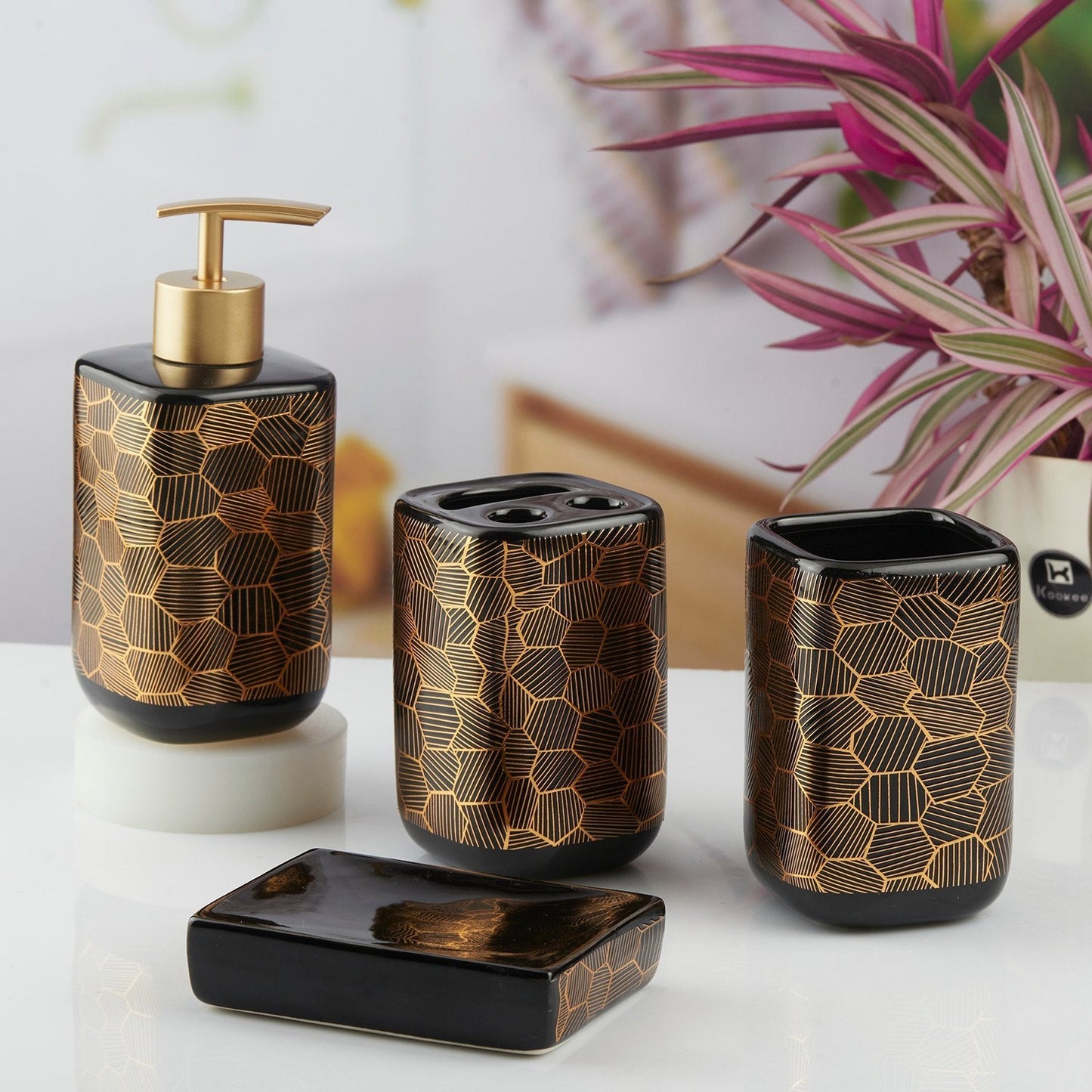 Geometric Honeycomb Bathroom Accessory Set - 1 Soap Dispenser + Toothbrush Holder + 1 Tumblers + 1 Soap Dish (W)