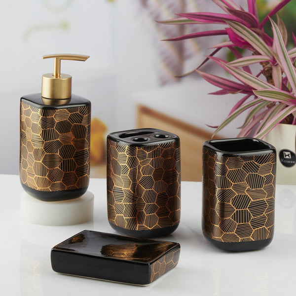 Geometric Honeycomb Bathroom Accessory Set - 1 Soap Dispenser + Toothbrush Holder + 1 Tumblers + 1 Soap Dish (W)