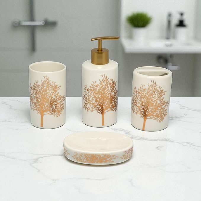 Luxe Branch Bathroom Accessory Set - 1 Soap Dispenser + Toothbrush Holder + 1 Tumblers + 1 Soap Dish (W)