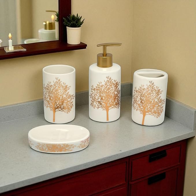 Luxe Branch Bathroom Accessories Set - 1 Soap Dispenser + Toothbrush Holder + 1 Tumblers + 1 Soap Dish (W) Urban Nivasa