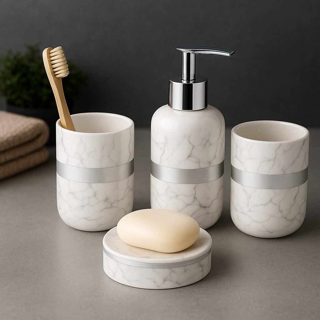 Marble Mist Bathroom Accessories Set - 1 Soap Dispenser + Toothbrush Holder + 1 Tumblers + 1 Soap Dish (W) Urban Nivasa