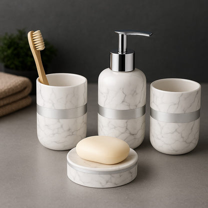 Marble Mist Bathroom Accessories Set - 1 Soap Dispenser + Toothbrush Holder + 1 Tumblers + 1 Soap Dish (W) Urban Nivasa