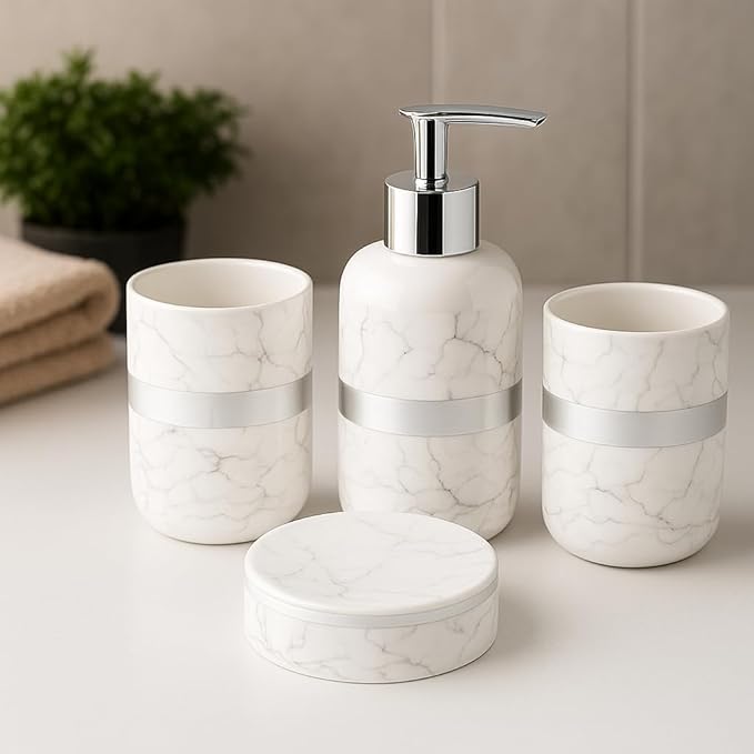 Marble Mist Bathroom Accessory Set - 1 Soap Dispenser + Toothbrush Holder + 1 Tumblers + 1 Soap Dish (W)