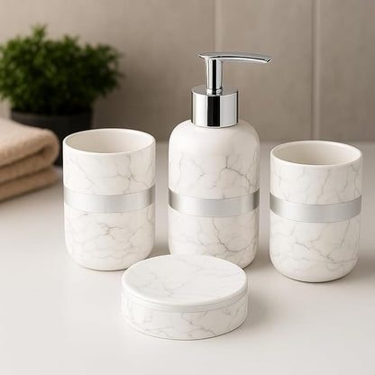 Marble Mist Bathroom Accessory Set - 1 Soap Dispenser + Toothbrush Holder + 1 Tumblers + 1 Soap Dish (W)