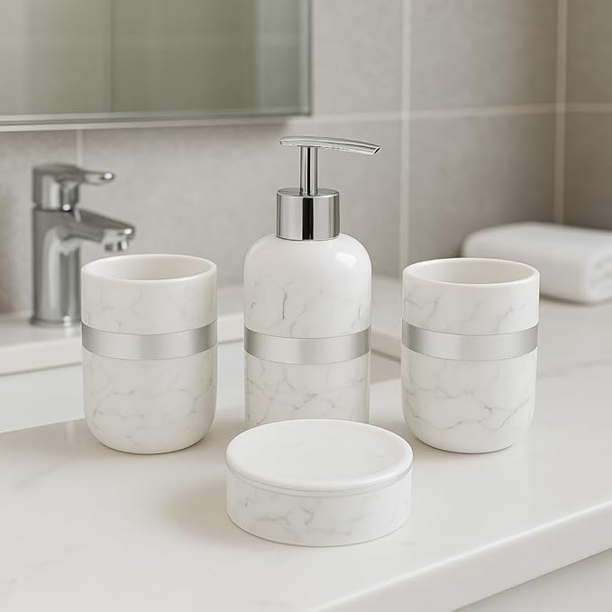 Marble Mist Bathroom Accessory Set - 1 Soap Dispenser + Toothbrush Holder + 1 Tumblers + 1 Soap Dish (W)