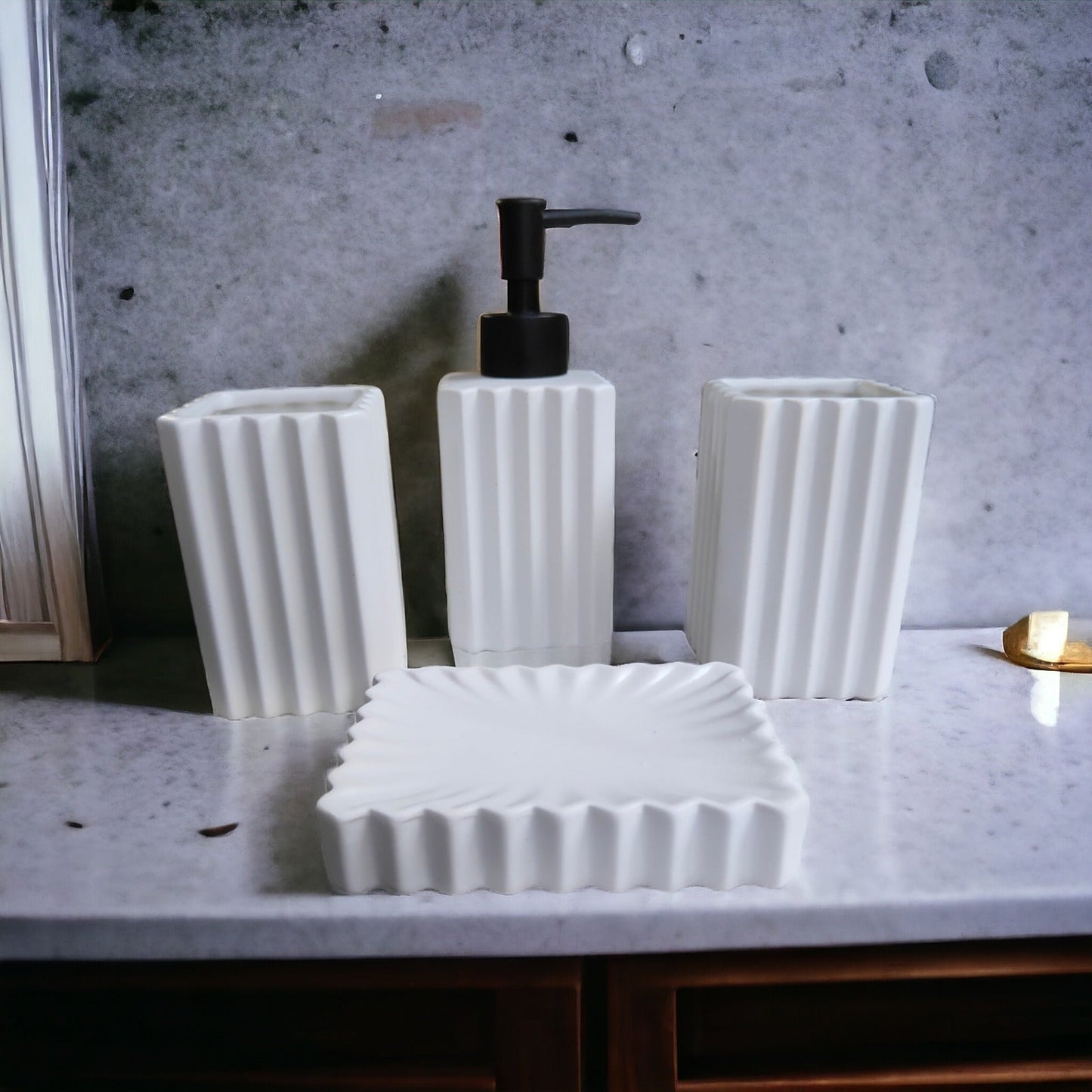 The Linear Luxe Bathroom Accessory Set - 1 Soap Dispenser + Toothbrush Holder + 1 Tumblers + 1 Soap Dish (W)